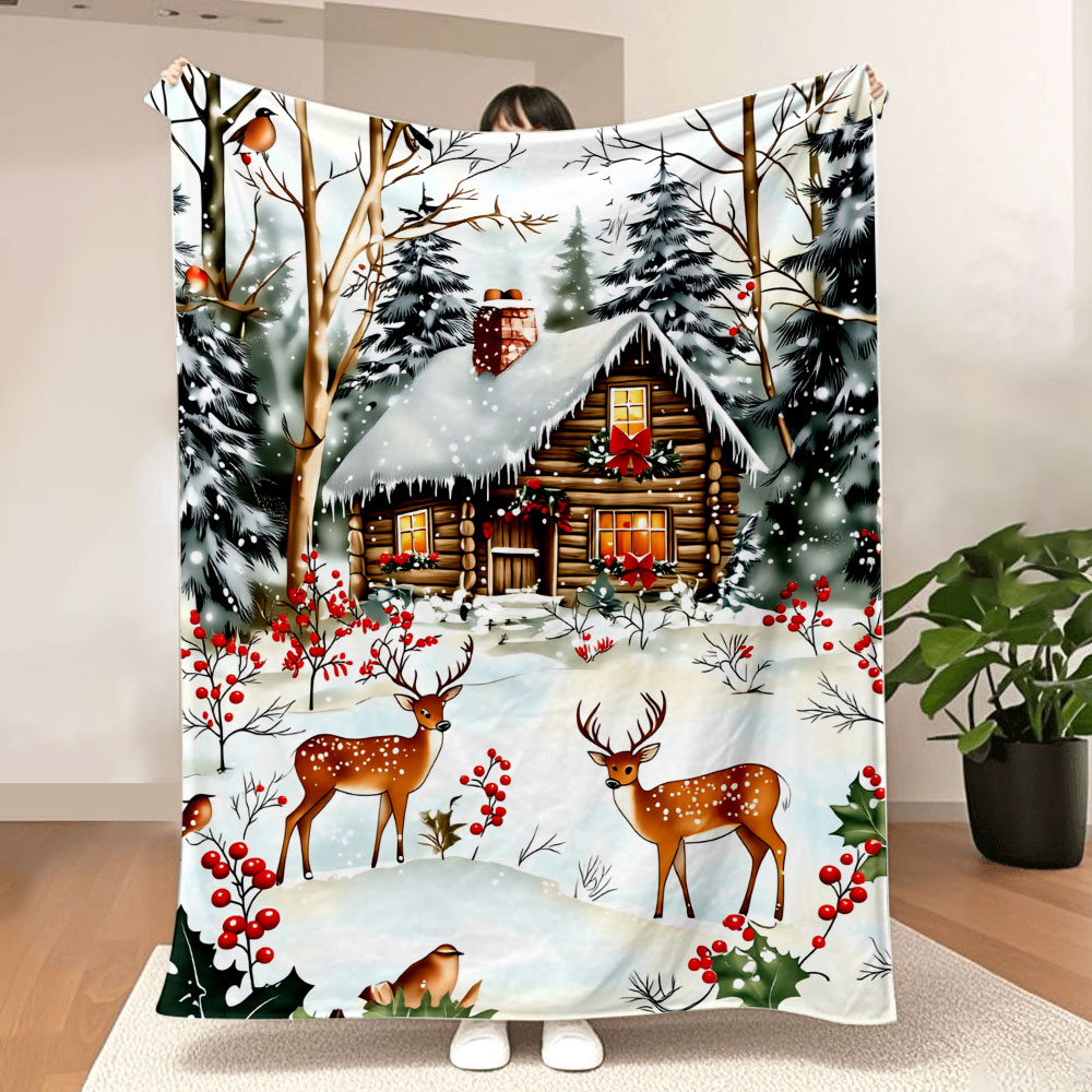 Christmas Throw Blanket - ผ้าห่มคริสต์มาสลายกระท่อมฤดูหนาว - ผ้าห่มพิมพ์ลายอบอุ่น ลายกระท่อมที่ปกคลุมด้วยหิมะ ปล่องไฟสีแดง ต้นฮอลลี่สำหรับเทศกาล