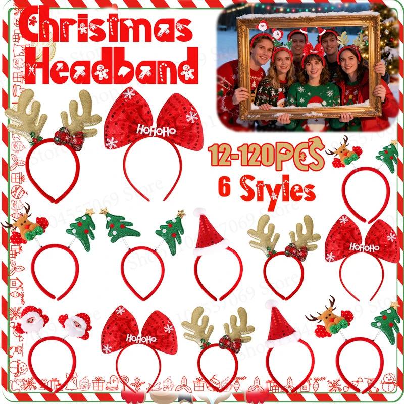 Reindeer Antlers Headband - ที่คาดผมคริสต์มาส 12-120 ชิ้น ของตกแต่งงานปาร์ตี้คริสต์มาส ลายเขากวางเรนเดียร์ มนุษย์หิมะ