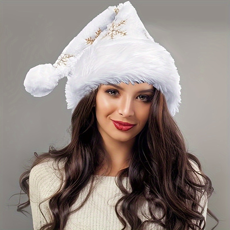 Santa Hat Plush - หมวกซานต้าขนปุยสีขาวลายเกล็ดหิมะสีทอง สำหรับใส่ในห้องแอร์ หมวกฤดูร้อนน้ำหนักเบาสำหรับงานปาร์ตี้ในบ้าน