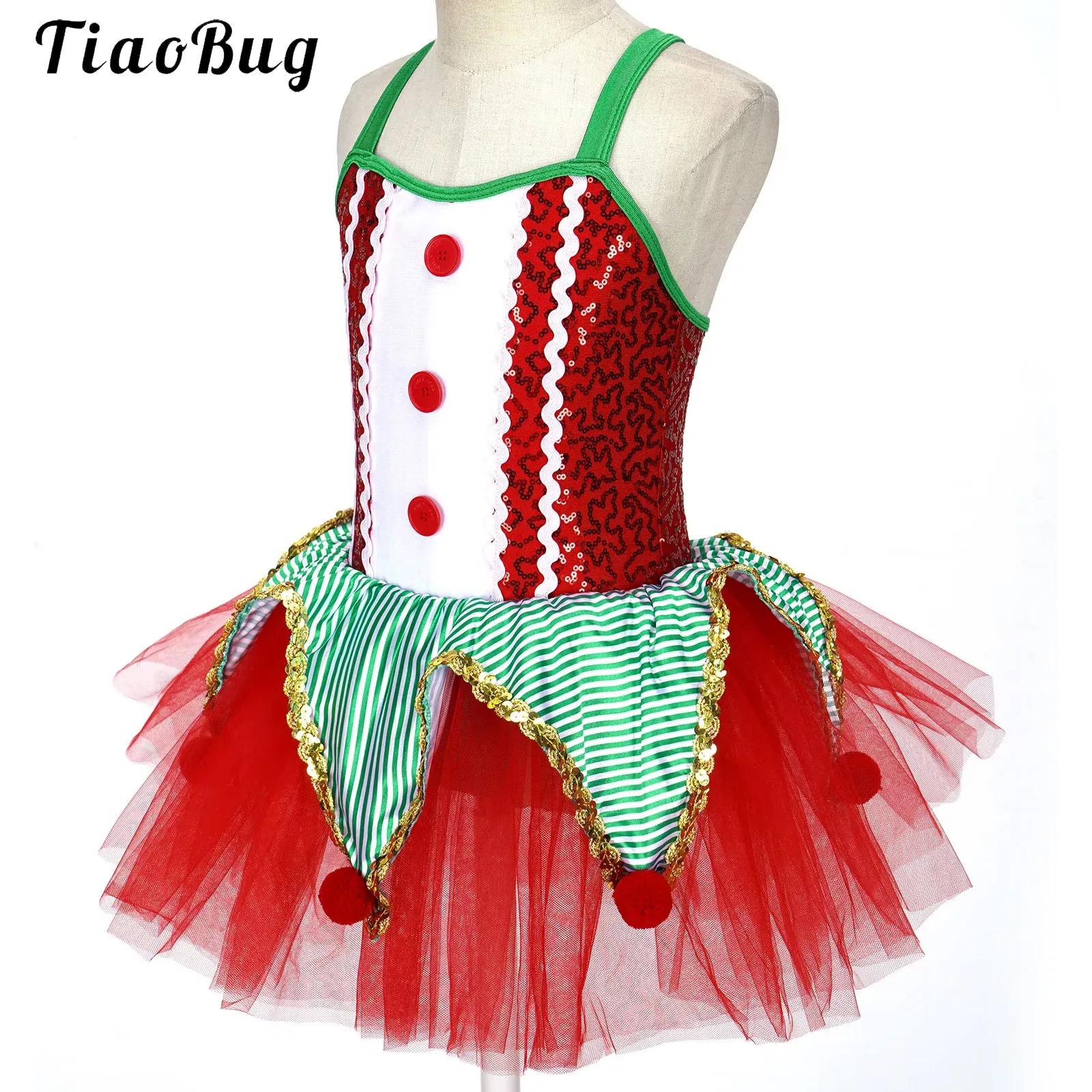 Elf Costume Christmas - ชุดเดรสเต้นบัลเลต์เด็กผู้หญิงแบบไม่มีแขนประดับเลื่อม ชุดแฟนซีตัวตลกสำหรับฮาโลวีน ชุดเอลฟ์คริสต์มาส ชุดเลอทาร์ดตาข่ายลายทาง